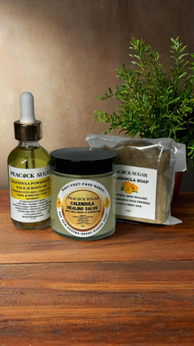 Calendula Powerhouse Skin Healing Bundle includes 18 oz Facial Oil 4.5 oz soap 4 oz Calendula Salve
